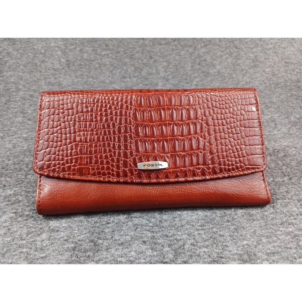 Fossil Brown Genuine Leather Faux Croc Check Book Credit Card Wallet